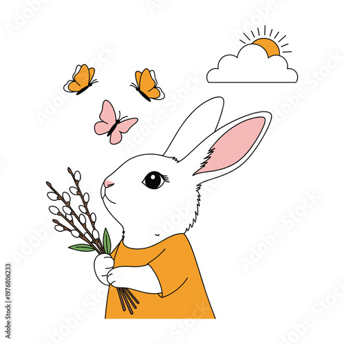 Cute White Rabbit Holding Pussy Willow Branches with Butterflies and Sun
