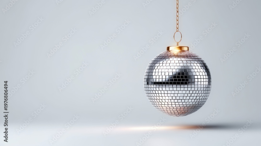 Fototapeta premium Shiny disco ball hanging from a golden chain against a clean, minimalist background