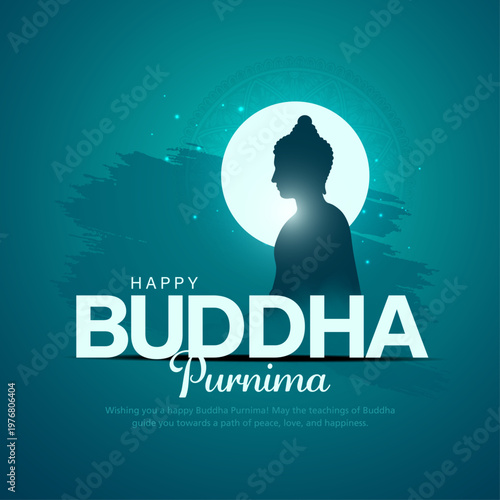 Happy Vesak Day, Buddha Purnima wishes greetings with silhouette of buddha. Creative vector illustration design.