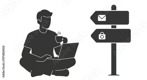 Digital Nomad Working Remotely with Laptop and Coffee Silhouette