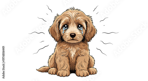 Sad fluffy brown puppy with large watery eyes and teardrops falling down its face expressing loneliness or pain.