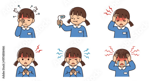 Sequence of illustrations depicting a young schoolgirl experiencing symptoms of illness including fever headache and crying.
