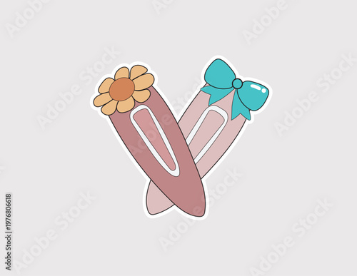 Pair of decorative hair clips with flower and bow motifs, great for fashion boutiques, DIY hair styling tutorials, and girl-themed digital stickers