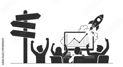 Startup team celebrating business growth milestone with rocket launch