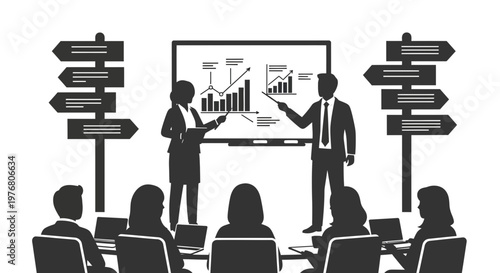 Startup Business Pitch Presentation with Charts and Audience Silhouette