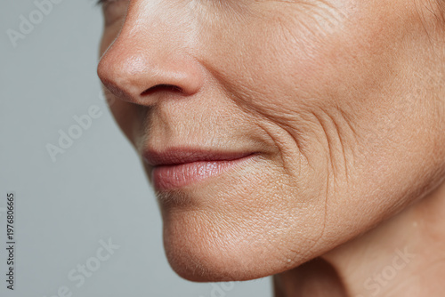Close-up of a mature woman's profile, showcasing natural skin texture and gentle smile lines.