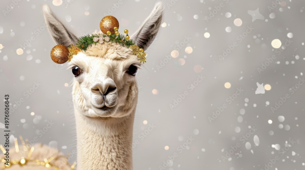 Fototapeta premium Festive Llama with Winter Decor and Sparkling Background for Holiday Themed Projects and Creative Art