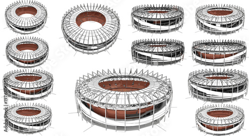 Modern Stadium Architecture Vector Illustration Set with Arena Structures in Different Perspectives Sports Venue Building Collection Isolated on Background
