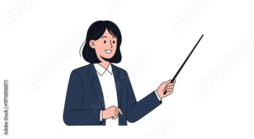 Professional young woman in a dark business suit holding a pointer stick to deliver a presentation or teach a lecture in an educational setting.