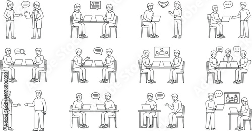 Comprehensive collection of business characters and office scenes for corporate recruitment job interview teamwork and professional communication line art vector.