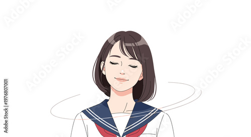 Young schoolgirl with short hair closing her eyes and smiling peacefully while surrounded by thin circular lines to represent a calm state of mind.