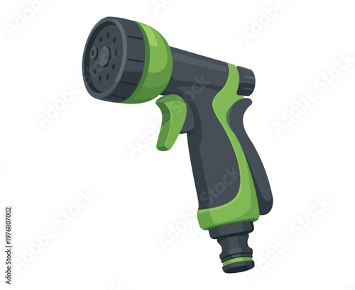 Flat vector illustration of a green and black garden hose spray nozzle for watering and outdoor care