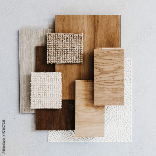 Photos Neutral interior design material samples wood fabric and tile flat lay