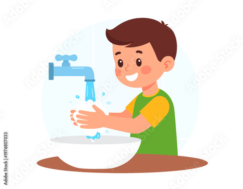 Little boy smiling while washing his hands at a white sink. Hygiene habits and personal health for children. Flat vector illustration.