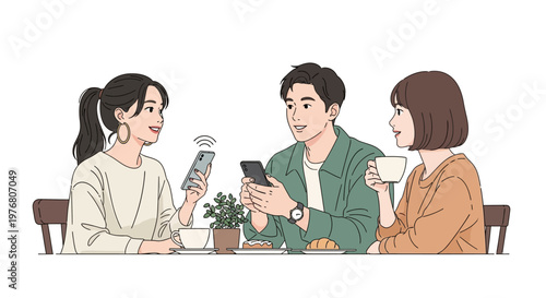 Stylized vector illustration of three people at a table, one character making a cashless payment with a smartphone, depicting modern financial transactions in a clean, minimalist style