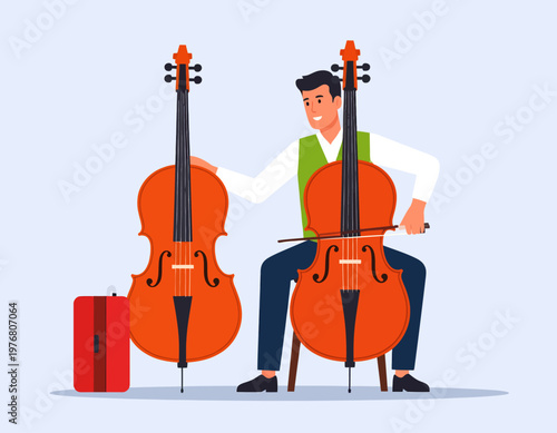 Two musicians playing large cellos in a professional music rehearsal. Classical art and orchestral performance concept. Flat vector illustration.
