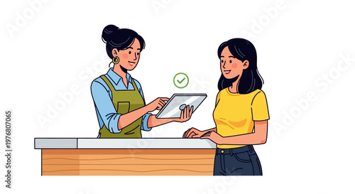 A vector illustration shows a cashier accepting a cashless payment on a tablet from a happy customer, set against a clean white background with line art and a modern, vibrant design