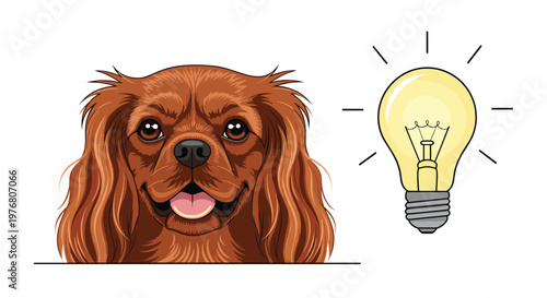 Close up portrait of a brown cavalier king charles spaniel dog smiling next to a glowing yellow light bulb symbol representing a creative idea.