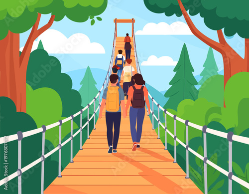 Group of people walking across a white suspension bridge in a pine forest valley. Adventure tourism and nature exploration concept. Flat vector illustration.