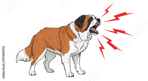 St. Bernard dog barking aggressively with red lightning bolt symbols coming from its mouth to illustrate a loud noise or a protective warning signal.