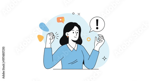 Joyful young woman in a blue shirt raising her fist in a victory gesture next to an exclamation mark and colorful abstract shapes for success.