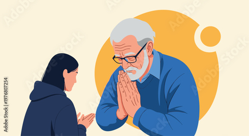 Senior man with a white beard praying with his hands together as a younger person bows in a moment of deep respect, grief, or spiritual devotion.