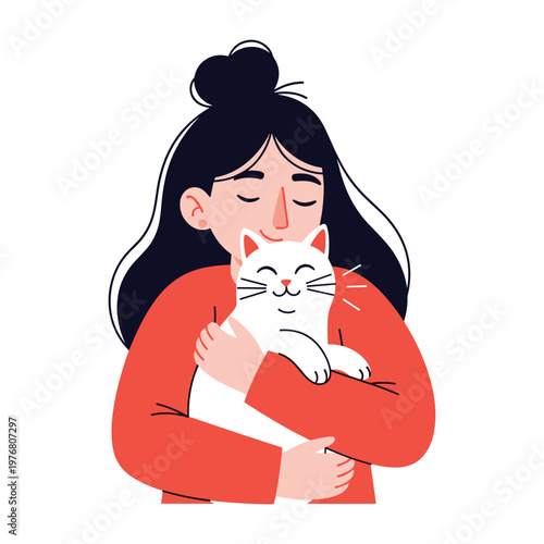 Happy Woman Hugging White Cat, Cute Illustration