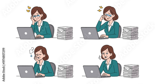 Businesswoman in a green suit working at her laptop while feeling tired and overwhelmed by a massive stack of paperwork on her office desk.