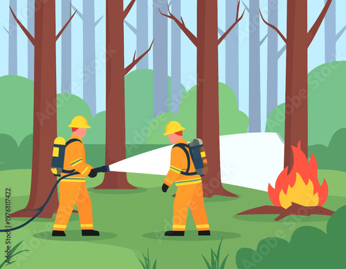 Firefighters using hoses to extinguish a forest fire. Environmental protection, emergency service, and safety concept. Flat vector illustration.