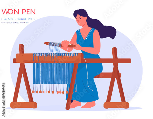 Woman weaving blue fabric on a traditional wooden loom, engaged in a craft activity.