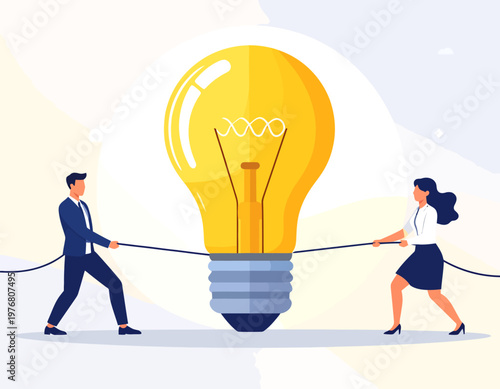 Businessman and businesswoman pulling a rope around a giant light bulb. Hard work for innovation and idea concept. Flat vector illustration.