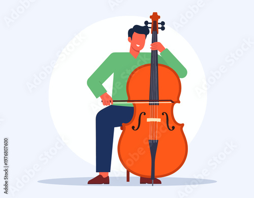 A man playing a large orange cello with a bow, sitting down in an illustration.