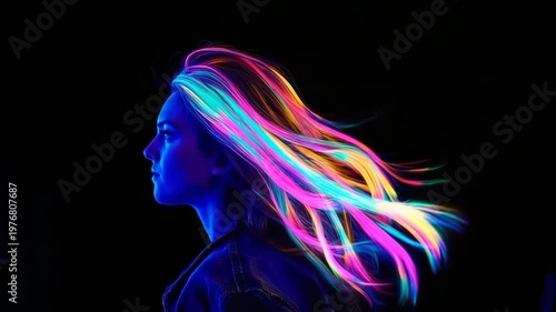Multicolored glowing hair flows elegantly in a striking profile against a dark background