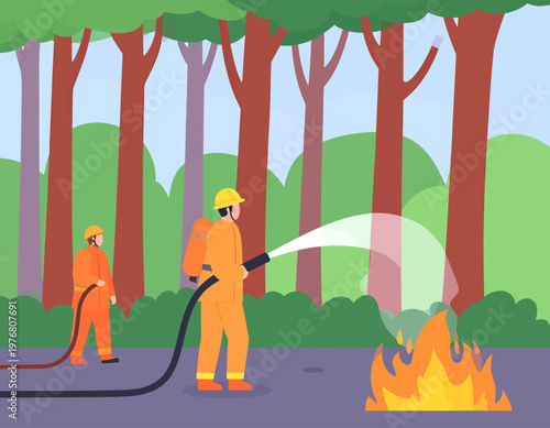 Firefighters in orange suits extinguishing a forest fire with a hose, protecting the environment.