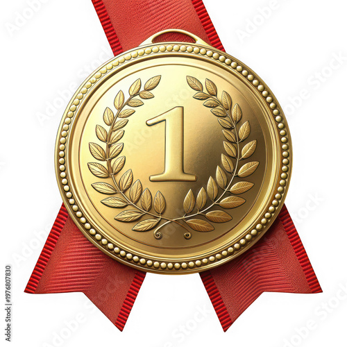 Gold medal with red ribbon and number one