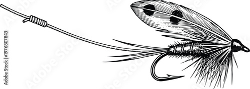 Classic Fly Fishing Lure with Feather Hand Drawn Vector Engraving Style