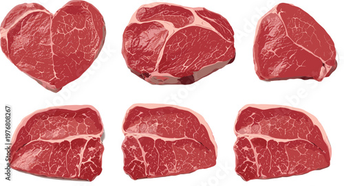 Raw Beef Steak Vector Illustration Set with Different Cuts of Fresh Red Meat Isolated on Background for Butcher and Food Design
