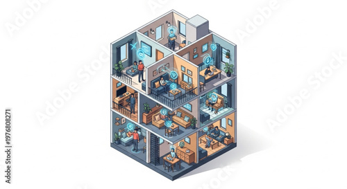 Isometric illustration of a multi-story office building with various employees working at desks in different rooms on a white background