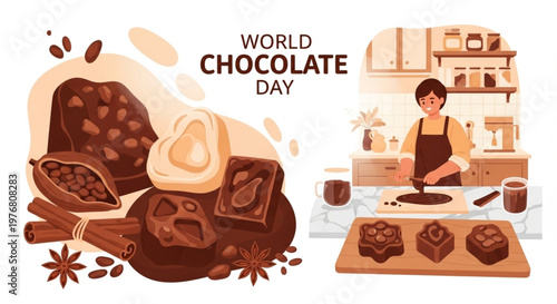 Illustration of a baker preparing chocolate desserts on World Chocolate Day with various chocolates