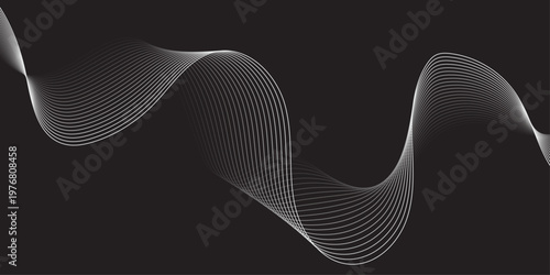 Abstract white wave lines on black background with smooth gradient flow and modern design.