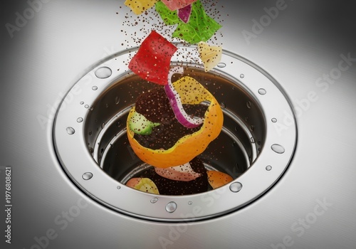 Leftover food scraps are pushed down the drain opening of a modern stainless steel kitchen sink garbage disposal unit, hygiene, removal, open