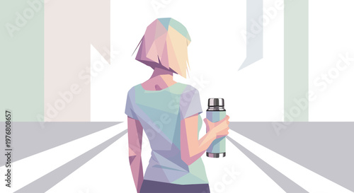 A young woman with short blonde hair holding a thermos in a minimalist, geometric urban environment
