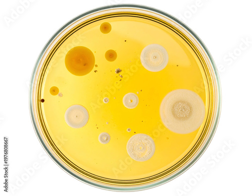 Petri dish with diverse microbial colonies on agar medium