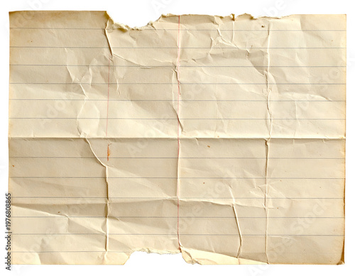 Aged, creased, ruled paper with torn edges, yellowed and worn