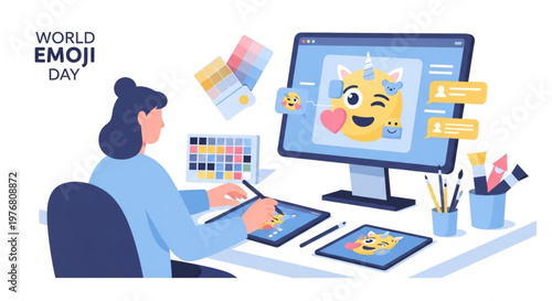 A woman designs emojis on a computer with a graphics tablet on a desk with colorful stationery in a bright workspace