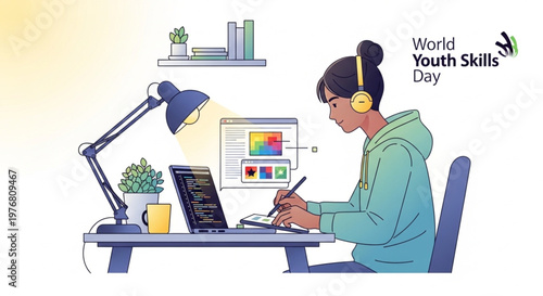 A young woman in a teal hoodie works on a laptop and writes notes on World Youth Skills Day with colorful graphics