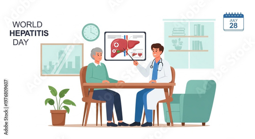 Doctor in white coat explains liver health to patient in a doctor's office on World Hepatitis Day with educational posters