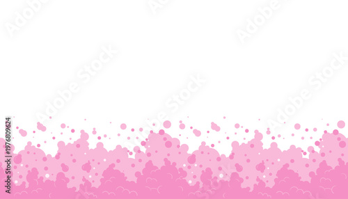 A seamless horizontal border of pink and white soap bubbles creates a frothy foam pattern on a clean white background. This cartoon card is ideal for bath products, spa branding, feminine skincare.