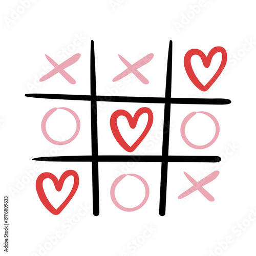 Hand-drawn tic-tac-toe featuring red hearts, pink crosses and circles on a white background. This romantic card is ideal for Valentine's Day, weddings, and playful social media posts to express love.