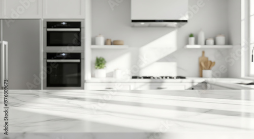 Wallpaper Mural A modern kitchen with white marble countertops and gray appliances Torontodigital.ca